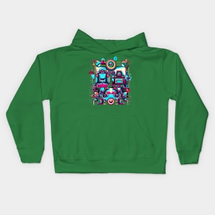 A piece that incorporates both retro and futuristic elements, such as robots and neon colors with a vintage twist. Kids Hoodie